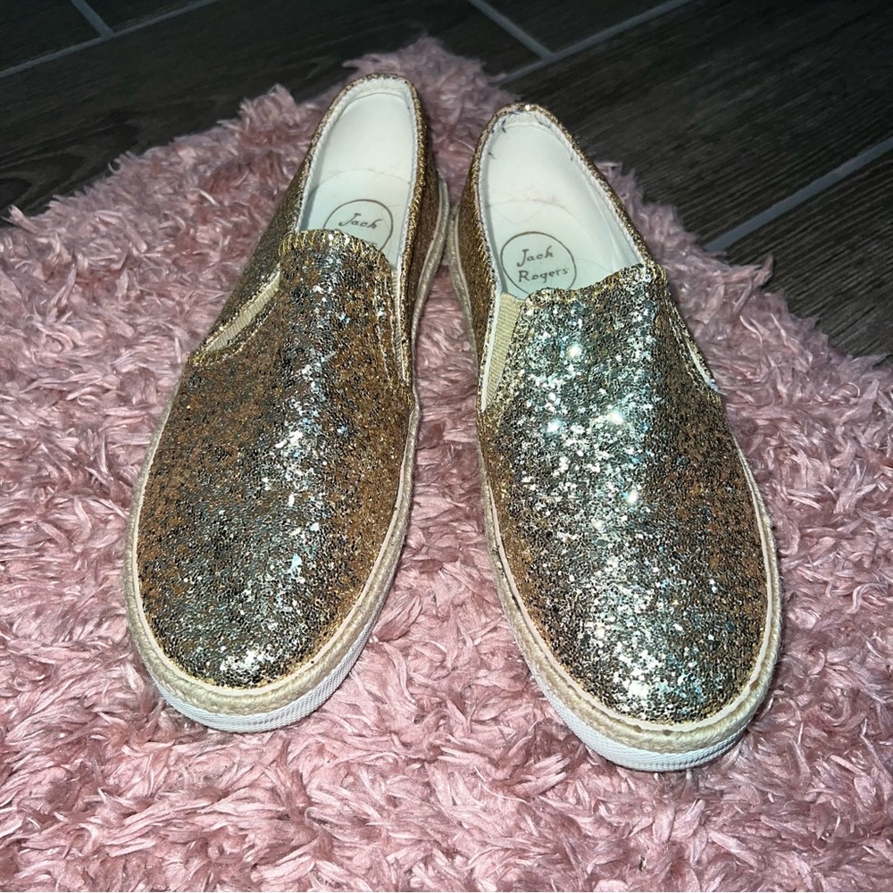 Jack Rogers gold glitter slip on shoes